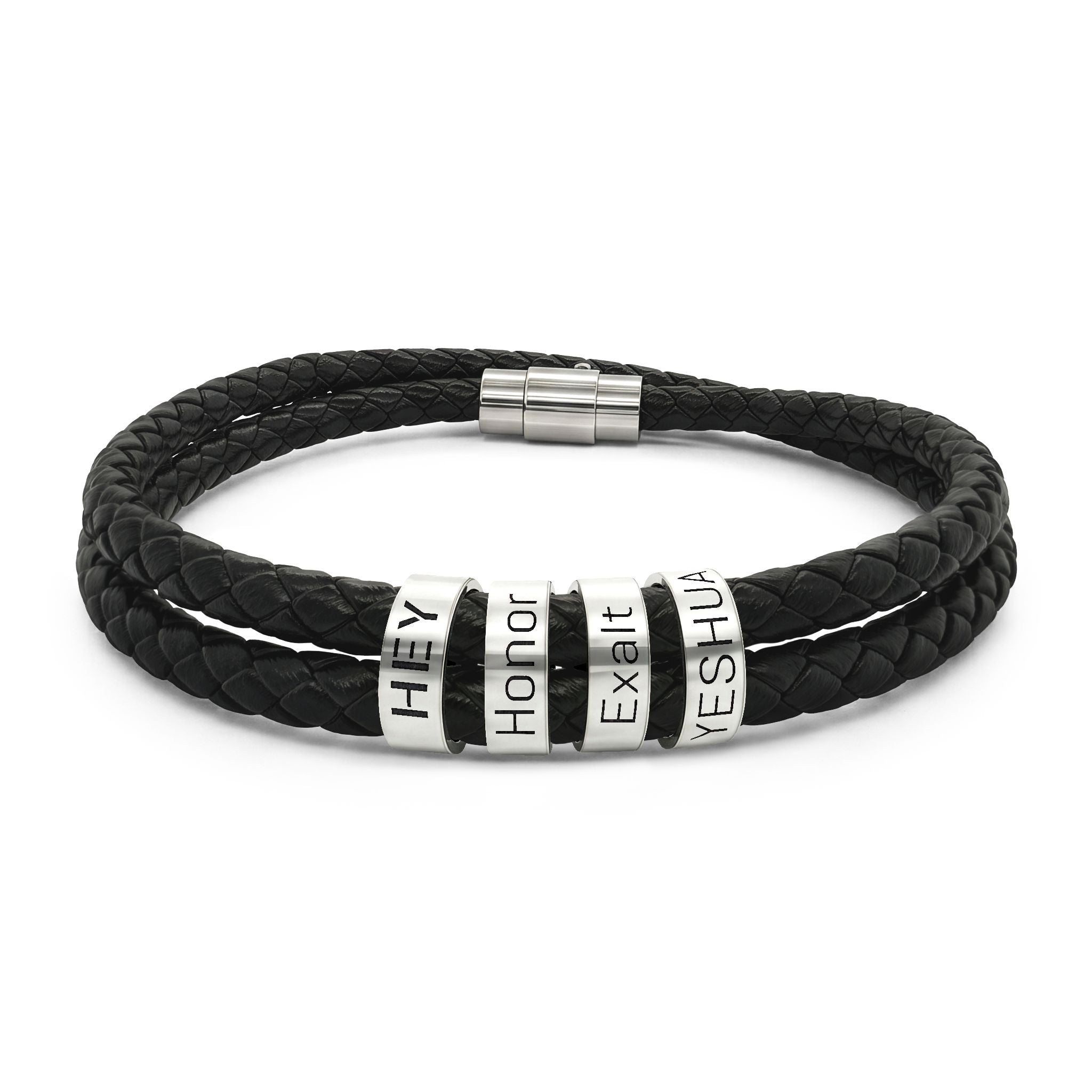 HEY - Engraved Braided Leather Bracelet with Stainless Steel Beads